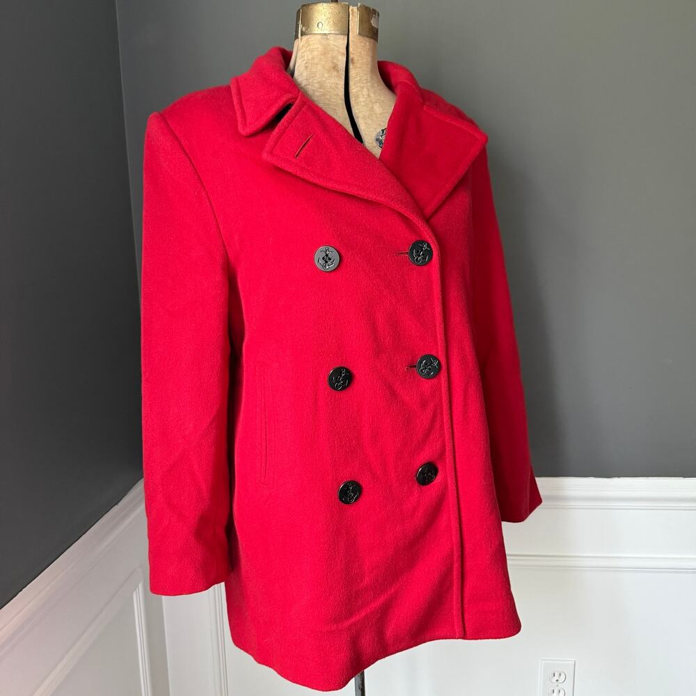 Talbots Red 100% Wool Pea Coat Double Breasted Anchor Buttons Size 14